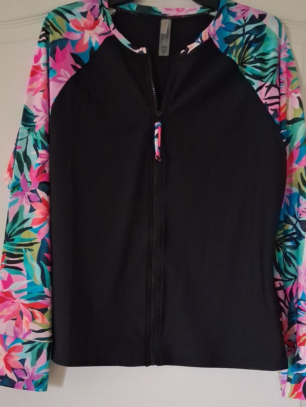 Black One-Piece Rash Guard with Tropical Floral Sleeves